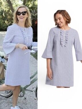 Draper James Seersucker Ruffle Shirt Dress